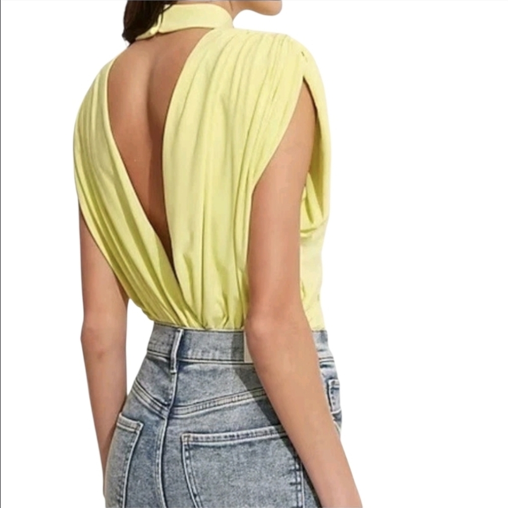 EXPRESS LIME GREEN MOCK NECK THONG BACK DRAPE BODYSUIT LARGE